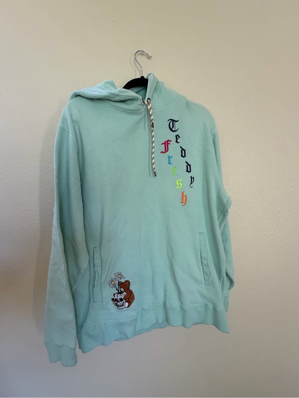 Teddy Fresh Mint Green Embroidered Logo Hoodie Bear and Sunflowers Large